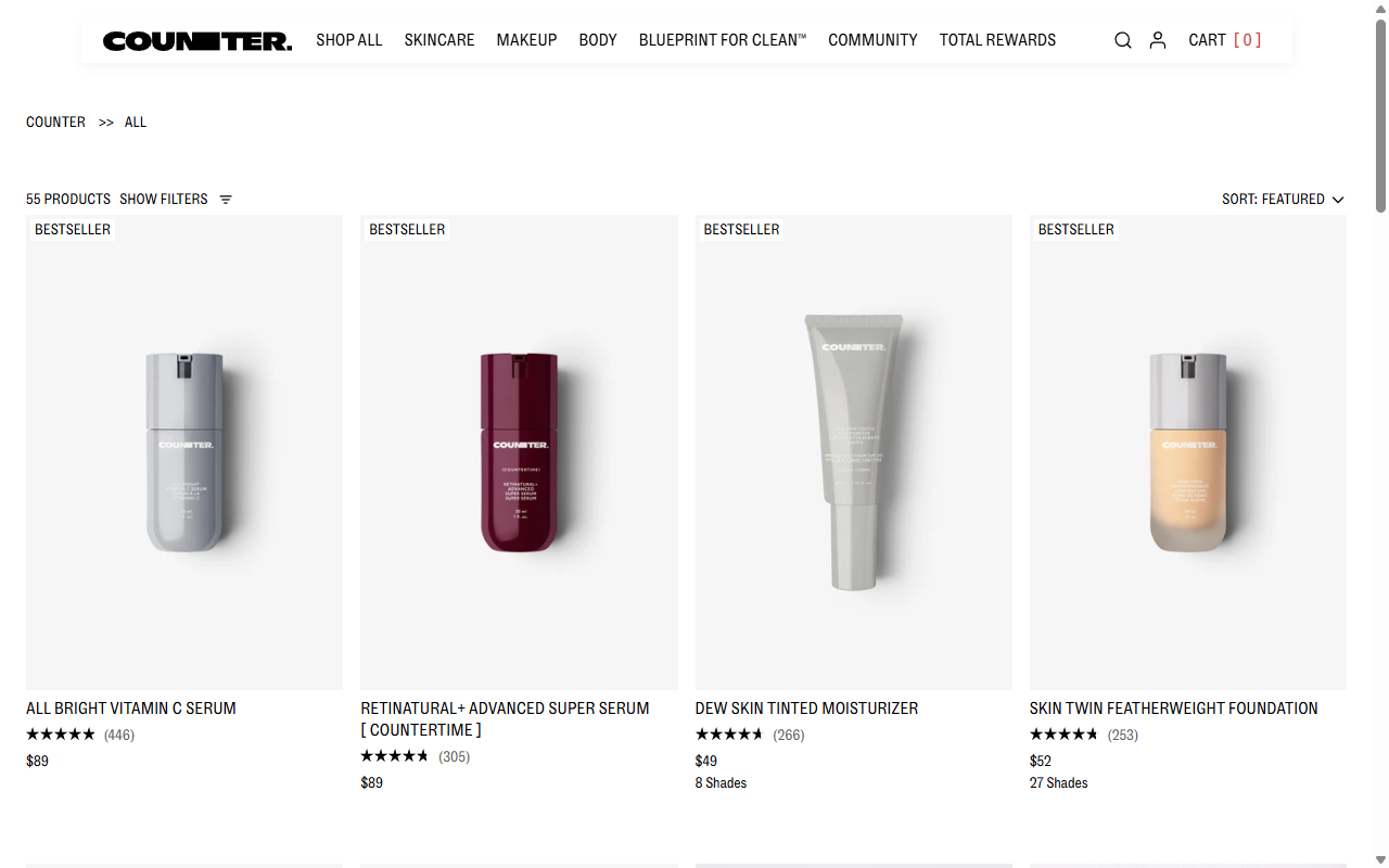 Beautycounter's product range, showing its skincare and makeup lines
