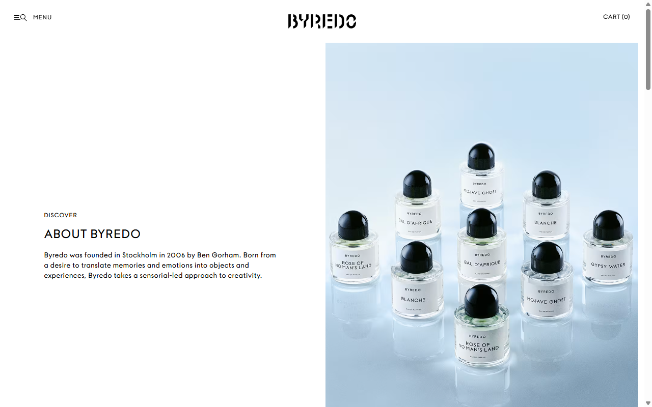 Byredo's fragrance range, showing the minimalist bottle design