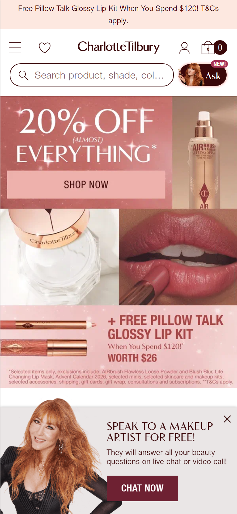 The Charlotte Tilbury site on a phone, showing a product page