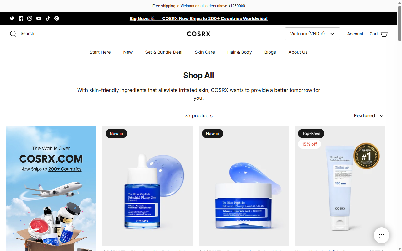 The COSRX product range, showing the snail mucin and acid lines