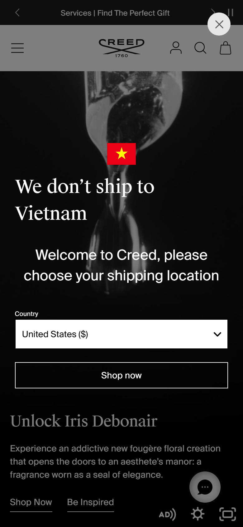 The Creed site on a phone, showing a fragrance page