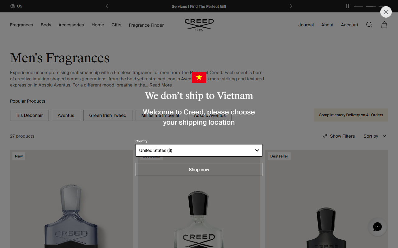 Creed's fragrance range, showing the men's collection