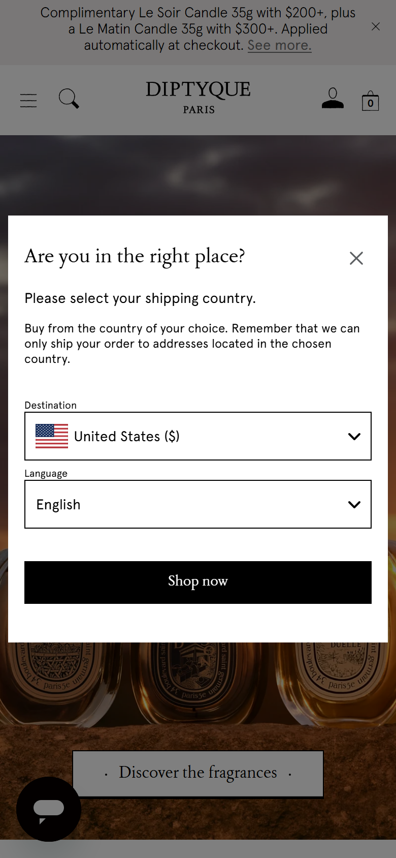 The Diptyque site on a phone, showing a fragrance page