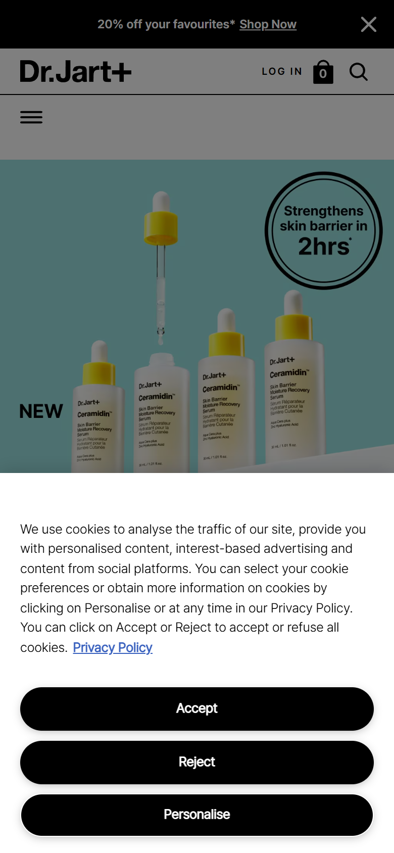 The Dr.Jart+ site on a phone, showing a product page