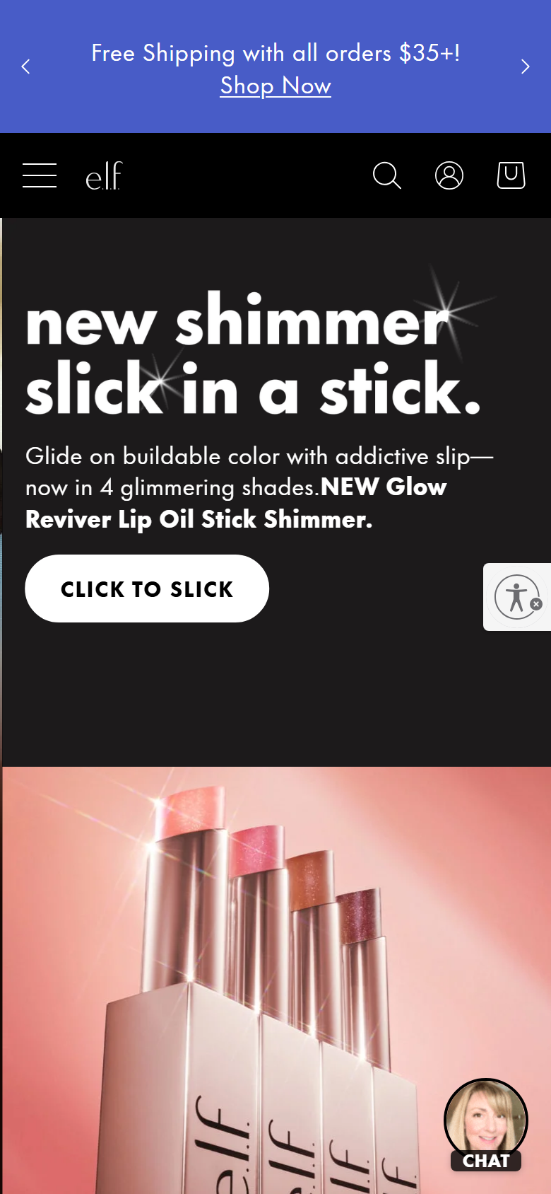 The e.l.f. Cosmetics site on a phone, showing a product page