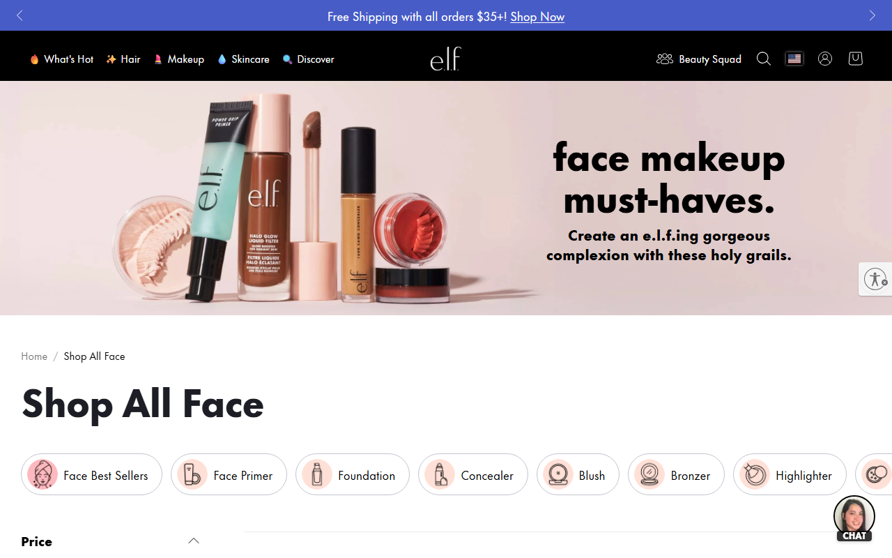 The e.l.f. Cosmetics face range, showing Power Grip Primer and Halo Glow