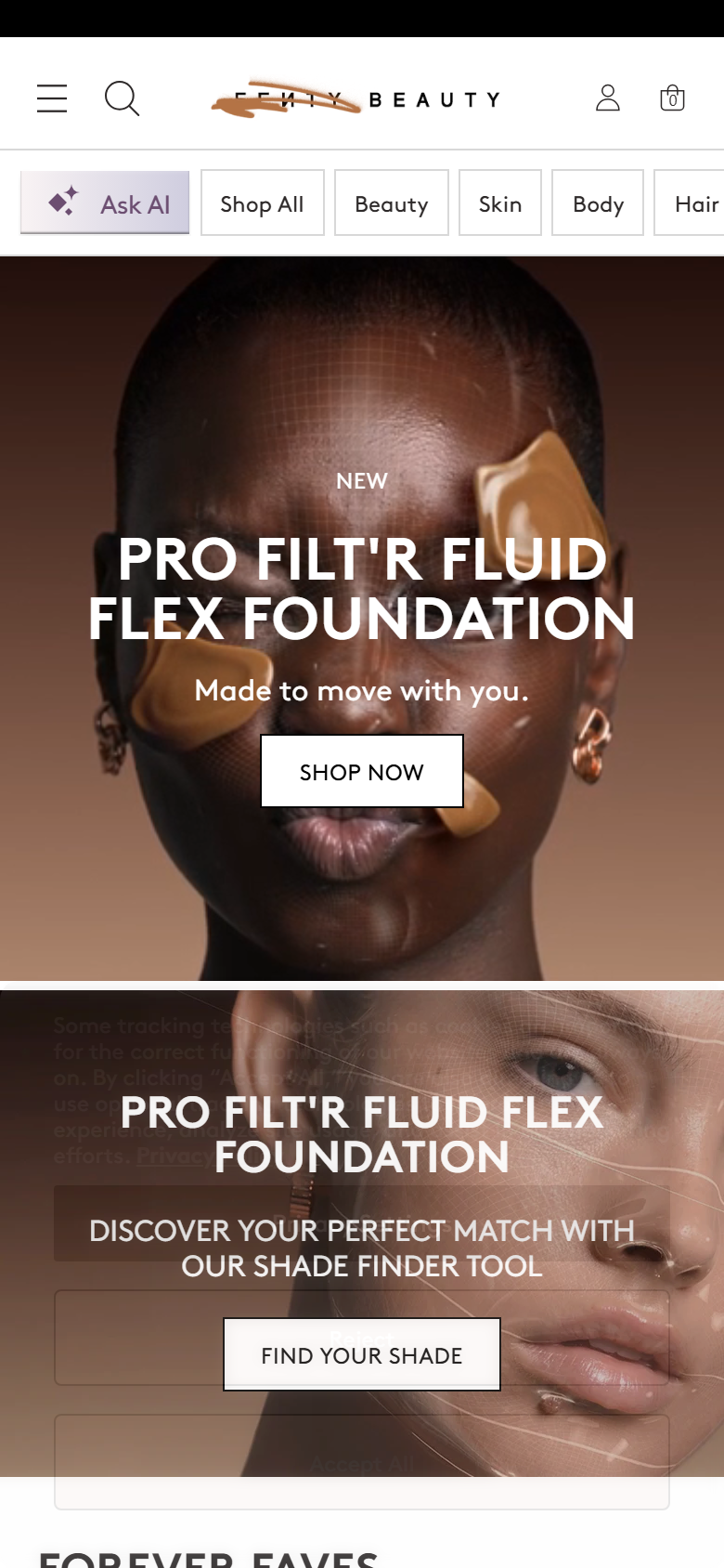 The Fenty Beauty site on a phone, showing the shade finder