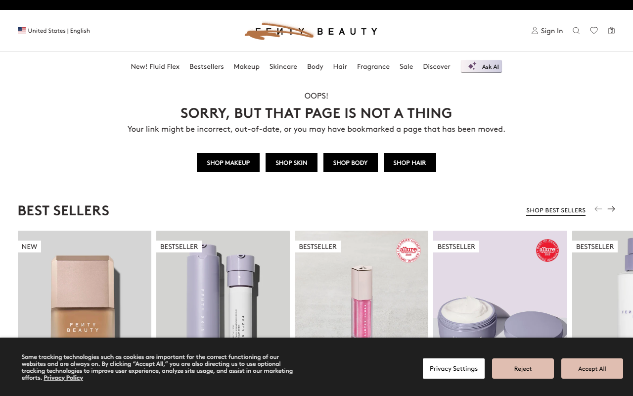 The Fenty Beauty foundation range, showing the Pro Filt'r shade line-up