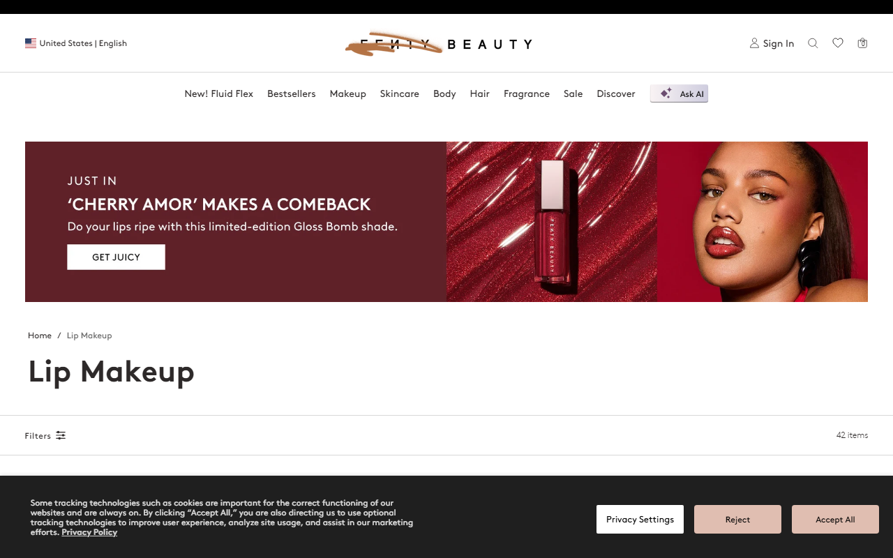 Fenty Beauty's lip range, including the Gloss Bomb line