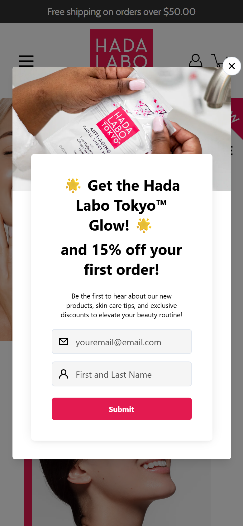 The Hada Labo site on a phone, showing a product page