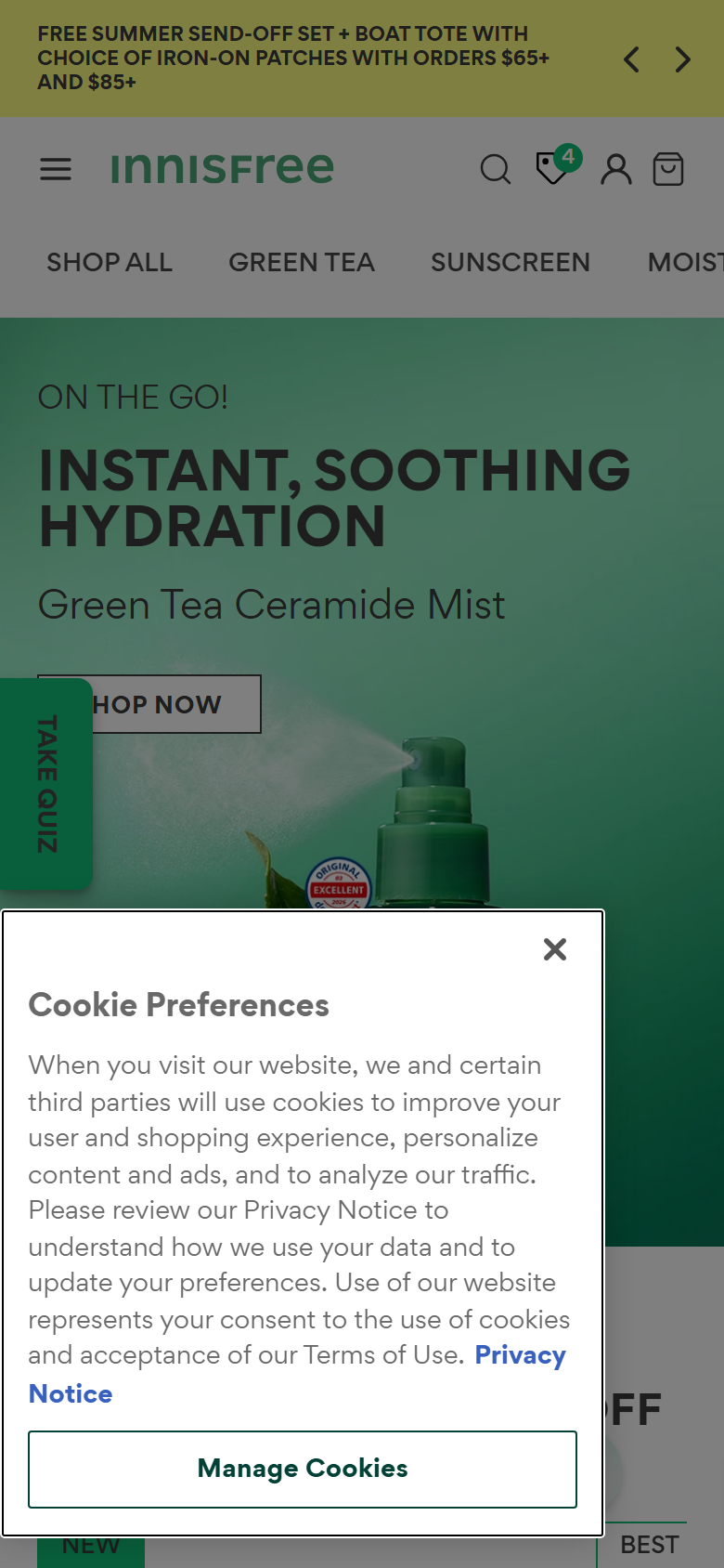 The Innisfree site on a phone, showing a product page