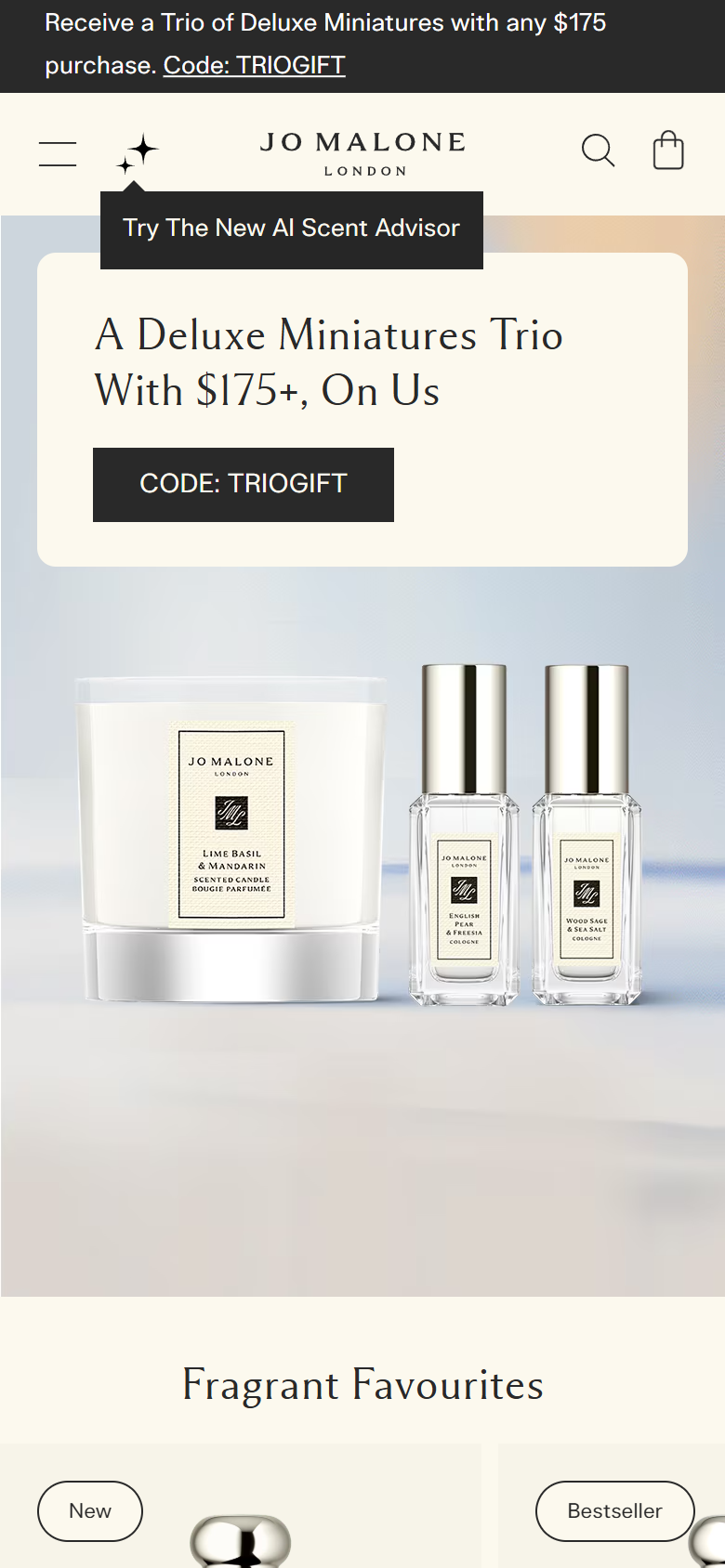 The Jo Malone London site on a phone, showing a cologne page