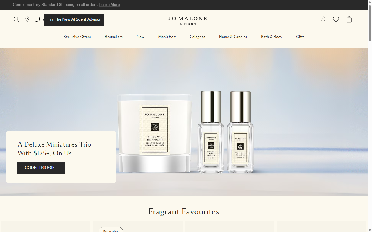 Jo Malone London's cologne range, showing the cream-and-black bottle design