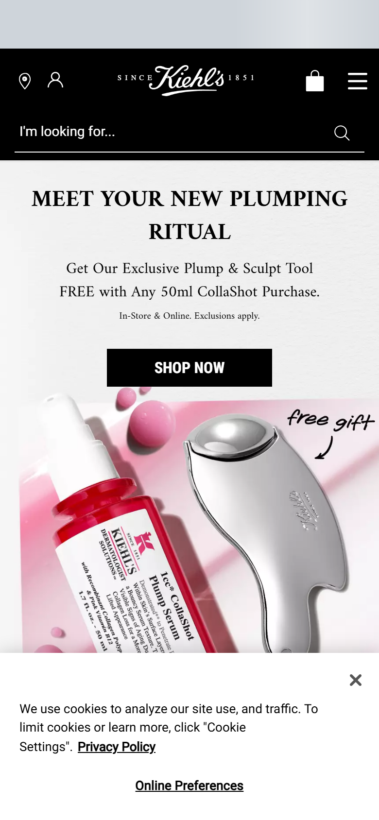 The Kiehl's site on a phone, showing a product page with the ingredient list