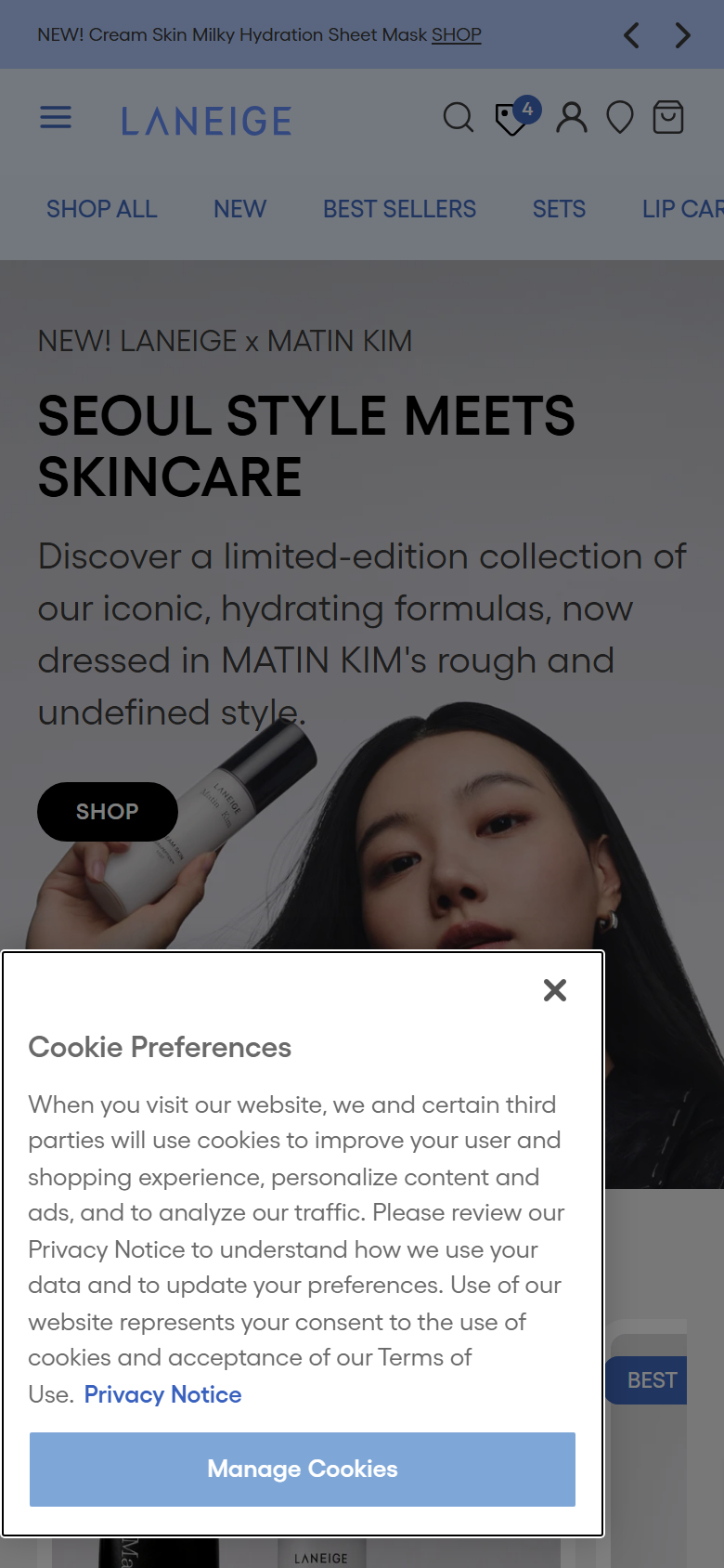 The Laneige site on a phone, showing a product page