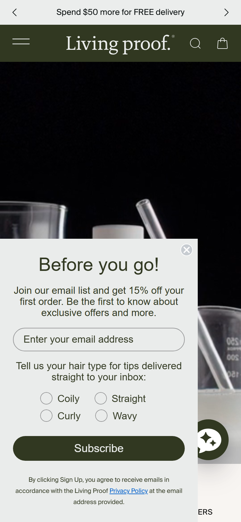The Living Proof site on a phone, showing a product page