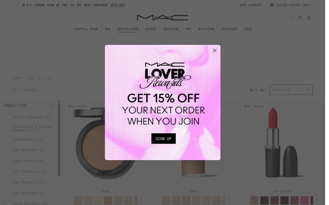 The MAC lipstick range, showing the different finish families