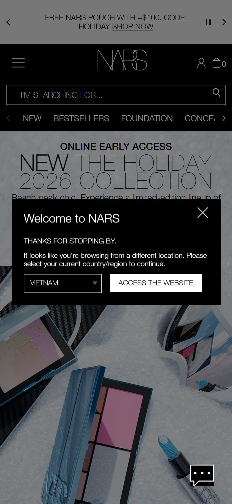 The NARS site on a phone, showing a product page with shade options