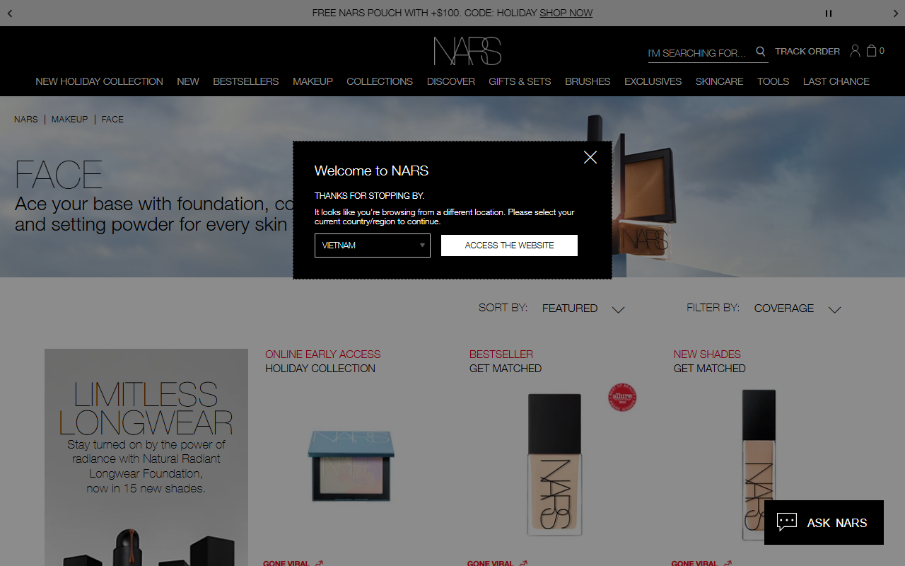 The NARS complexion range, showing Radiant Creamy Concealer and the foundation line