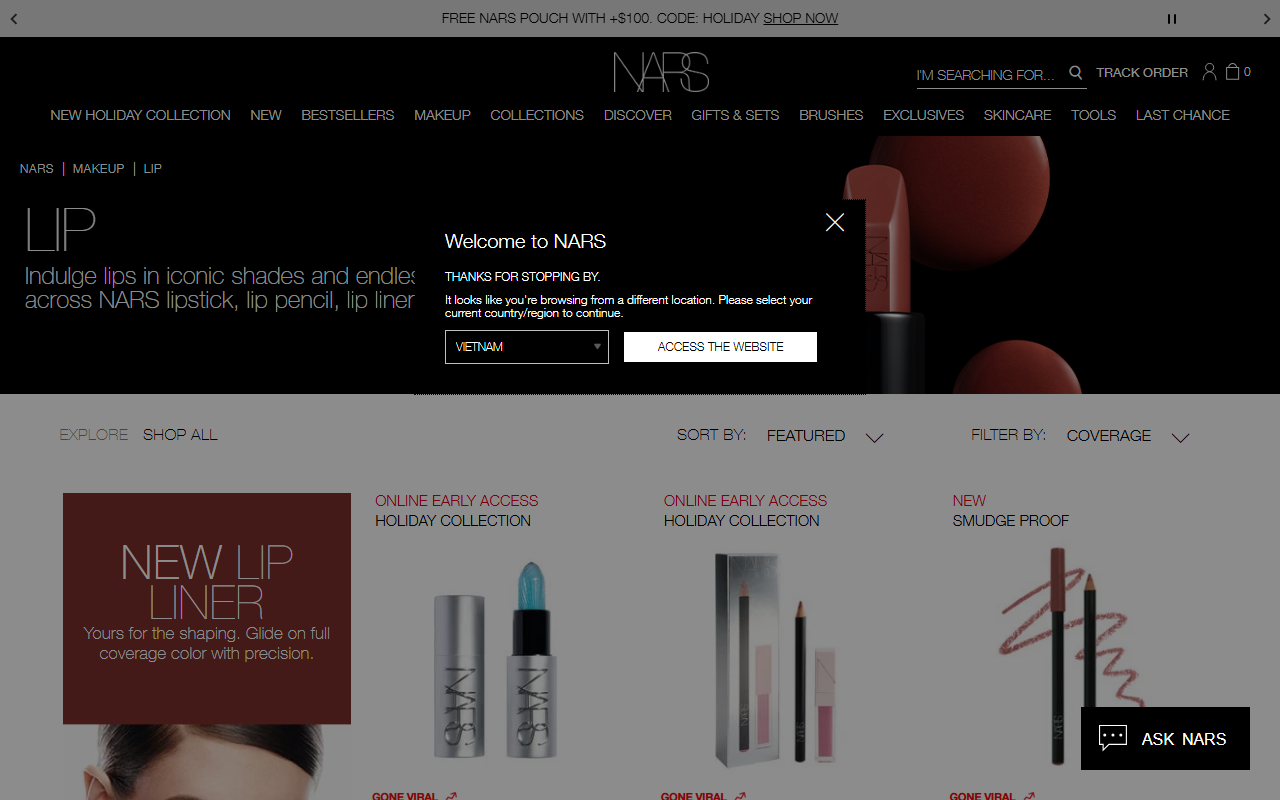 The NARS lip range, showing the Audacious and Powermatte lines