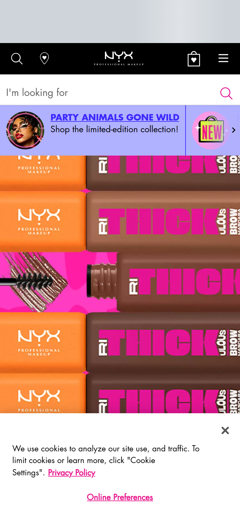 The NYX site on a phone, showing a product page
