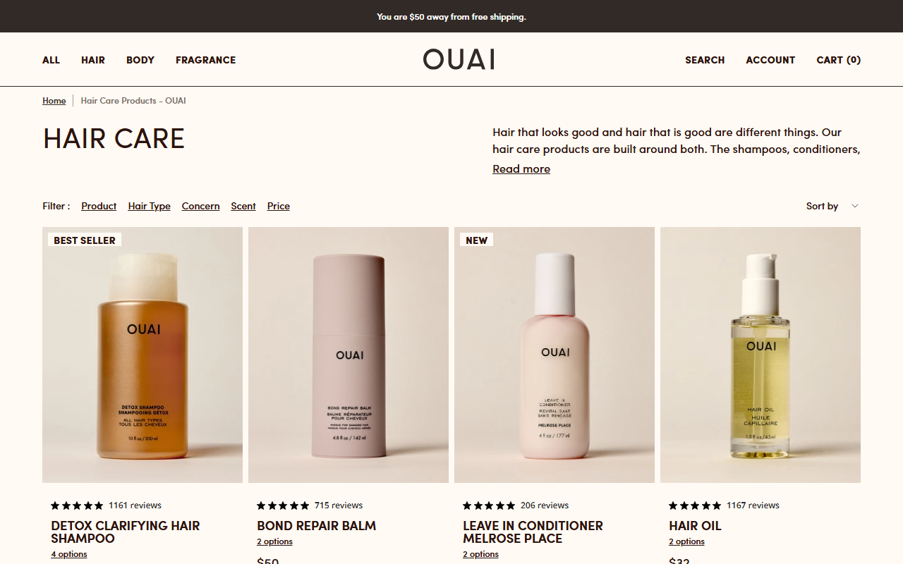Ouai's haircare range, organised by hair type