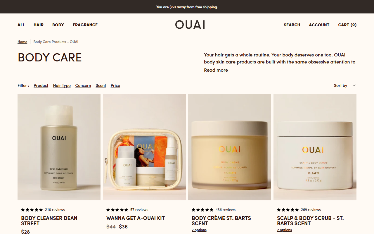 Ouai's body range, including the fragranced cleansers and creams
