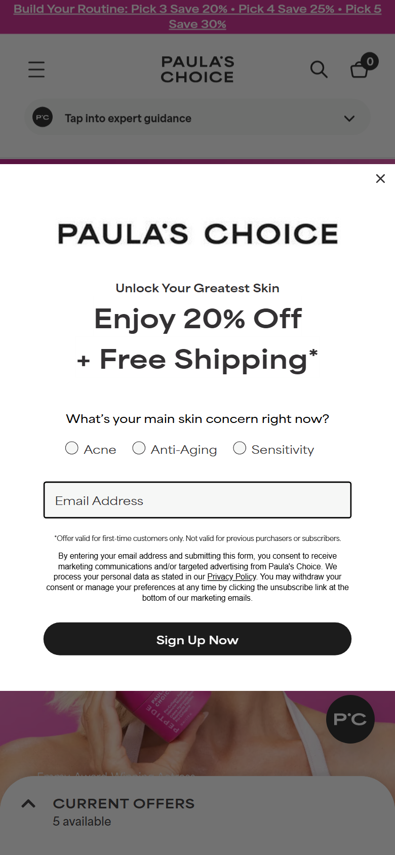 The Paula's Choice site on a phone, showing a product page with its concentration