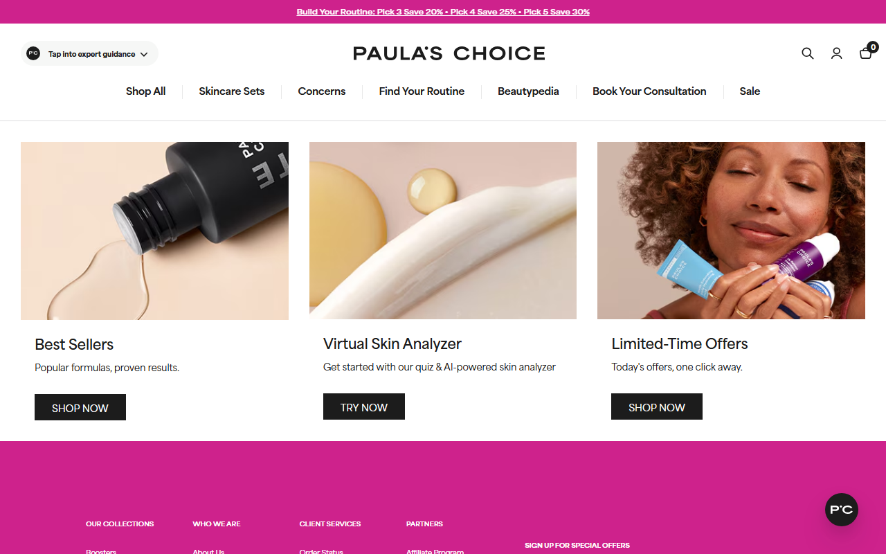 The Paula's Choice exfoliant range, showing concentration figures on the packaging