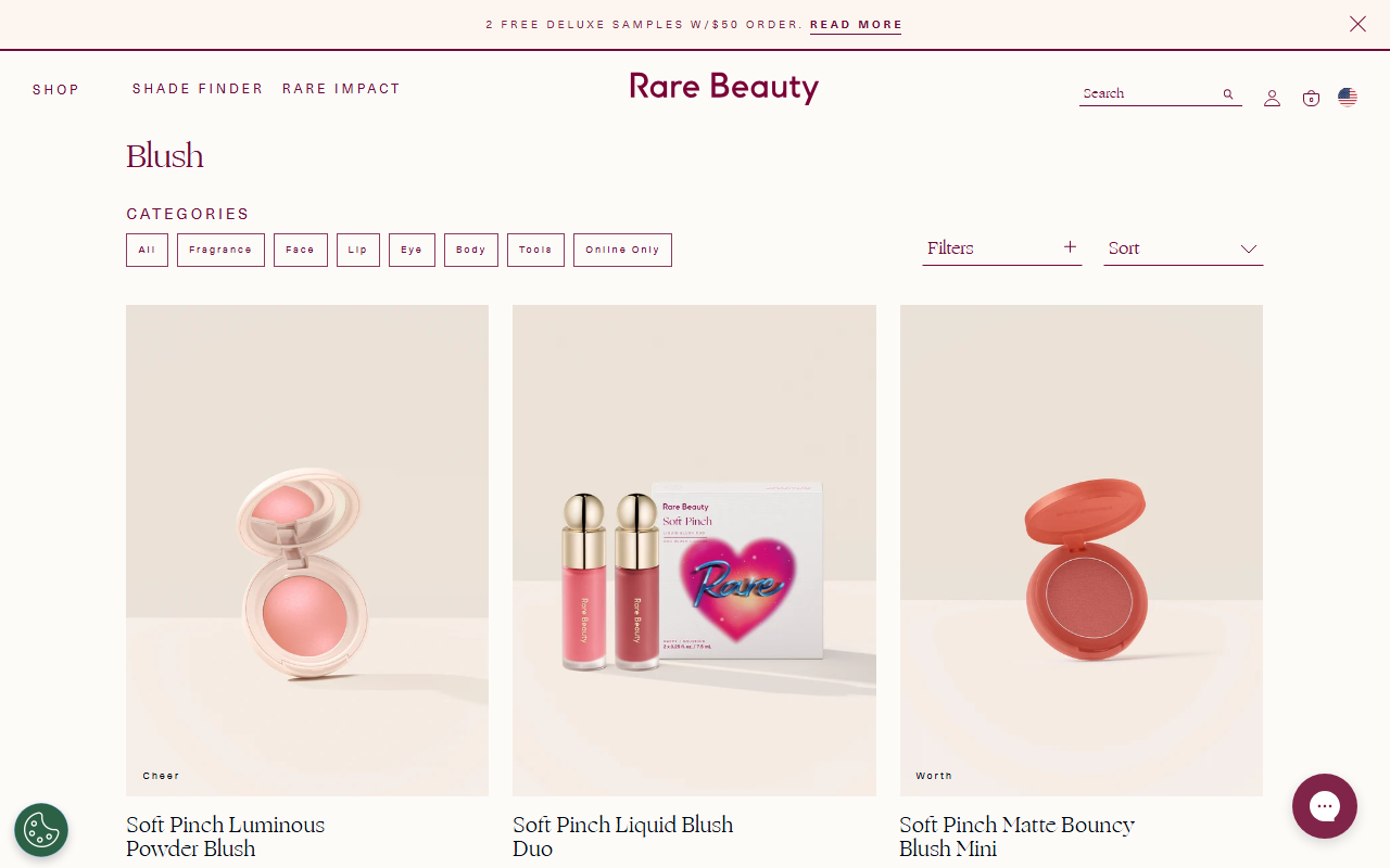 The Rare Beauty blush range, showing the Soft Pinch shade line-up