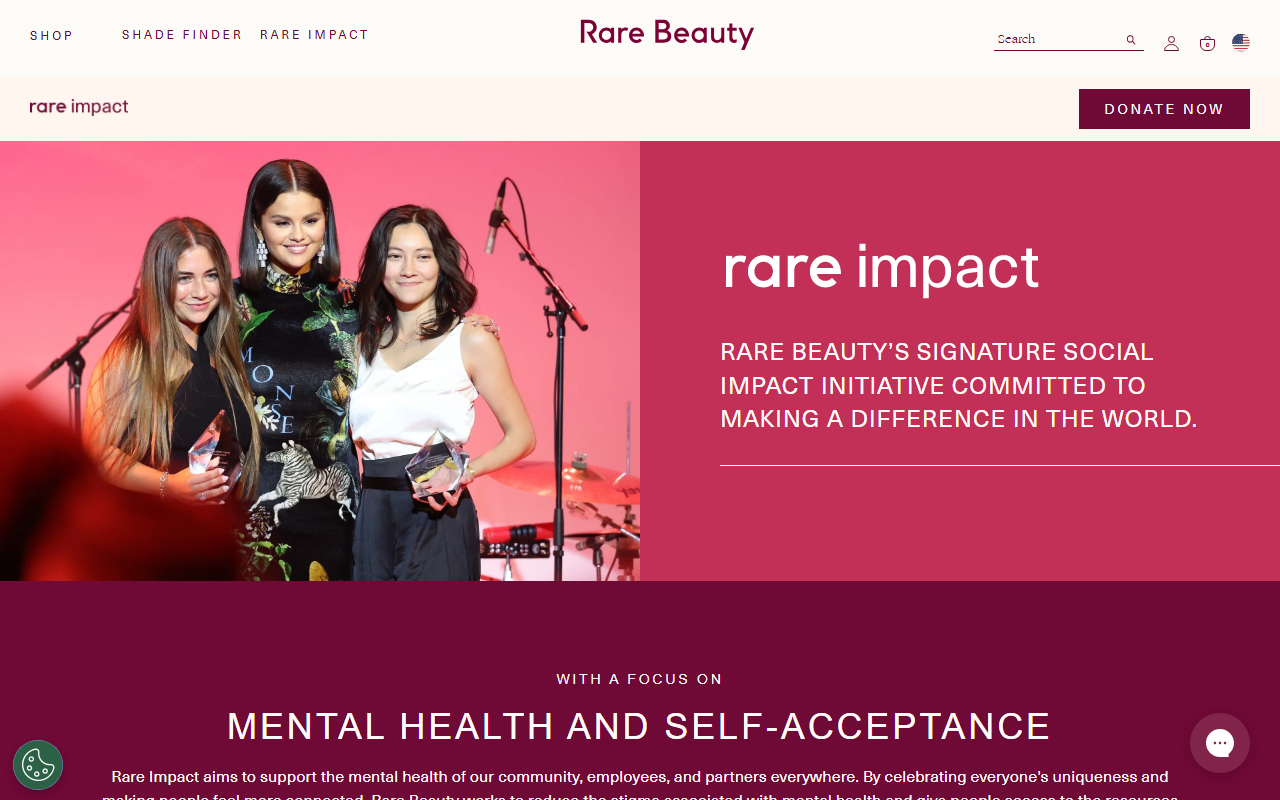 Rare Beauty's Rare Impact Fund page, describing its mental-health commitment