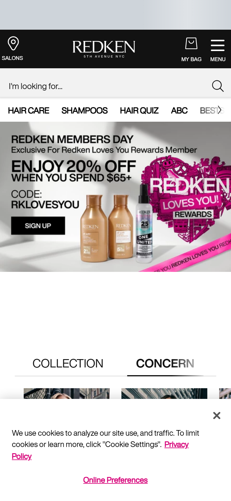 The Redken site viewed on a phone