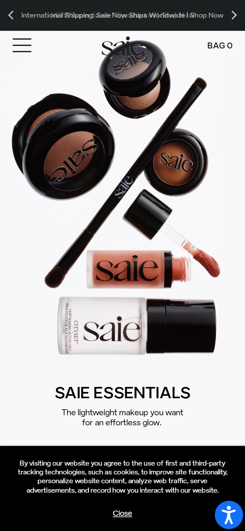 The Saie site on a phone, showing a product page