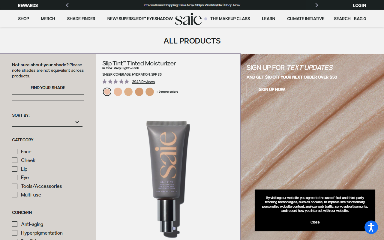 Saie's complexion range, showing Glowy Super Gel and Slip Tint