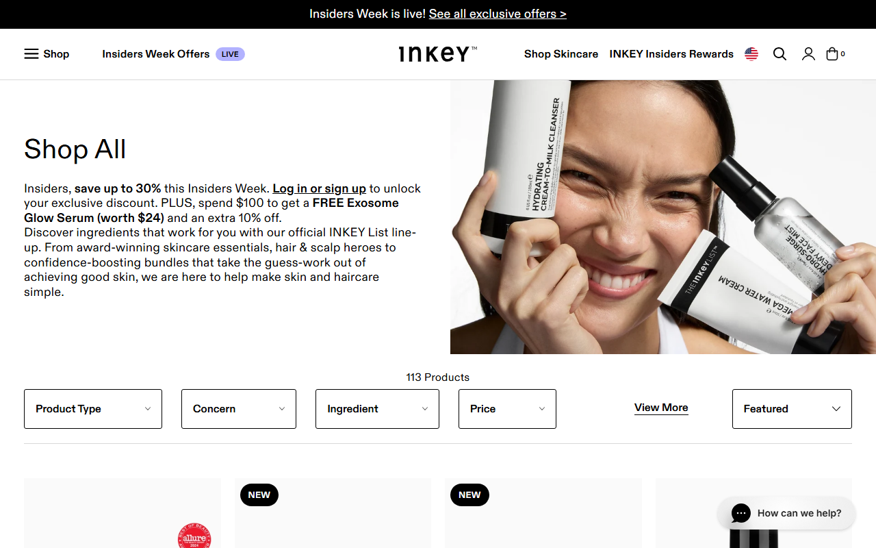 The INKEY List product range, showing the actives and cleansing lines