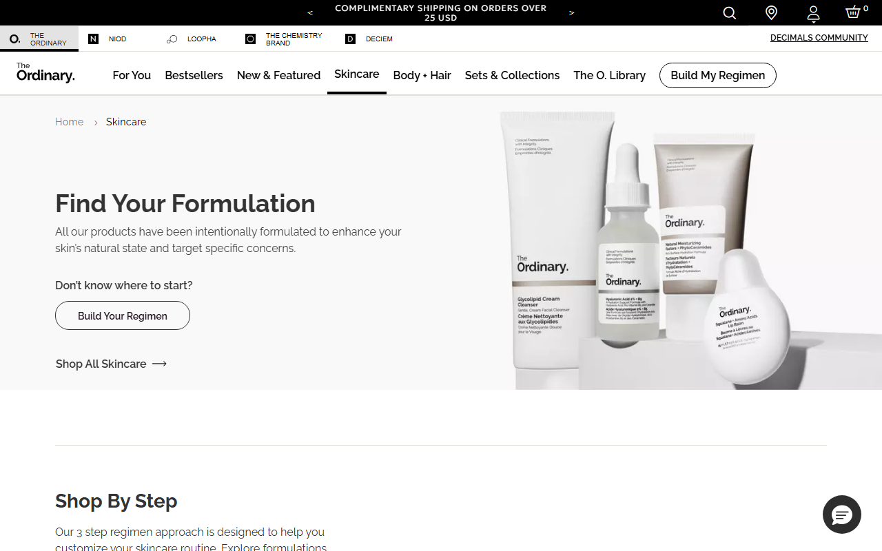 The Ordinary regimen guide, showing a routine built around skin concerns