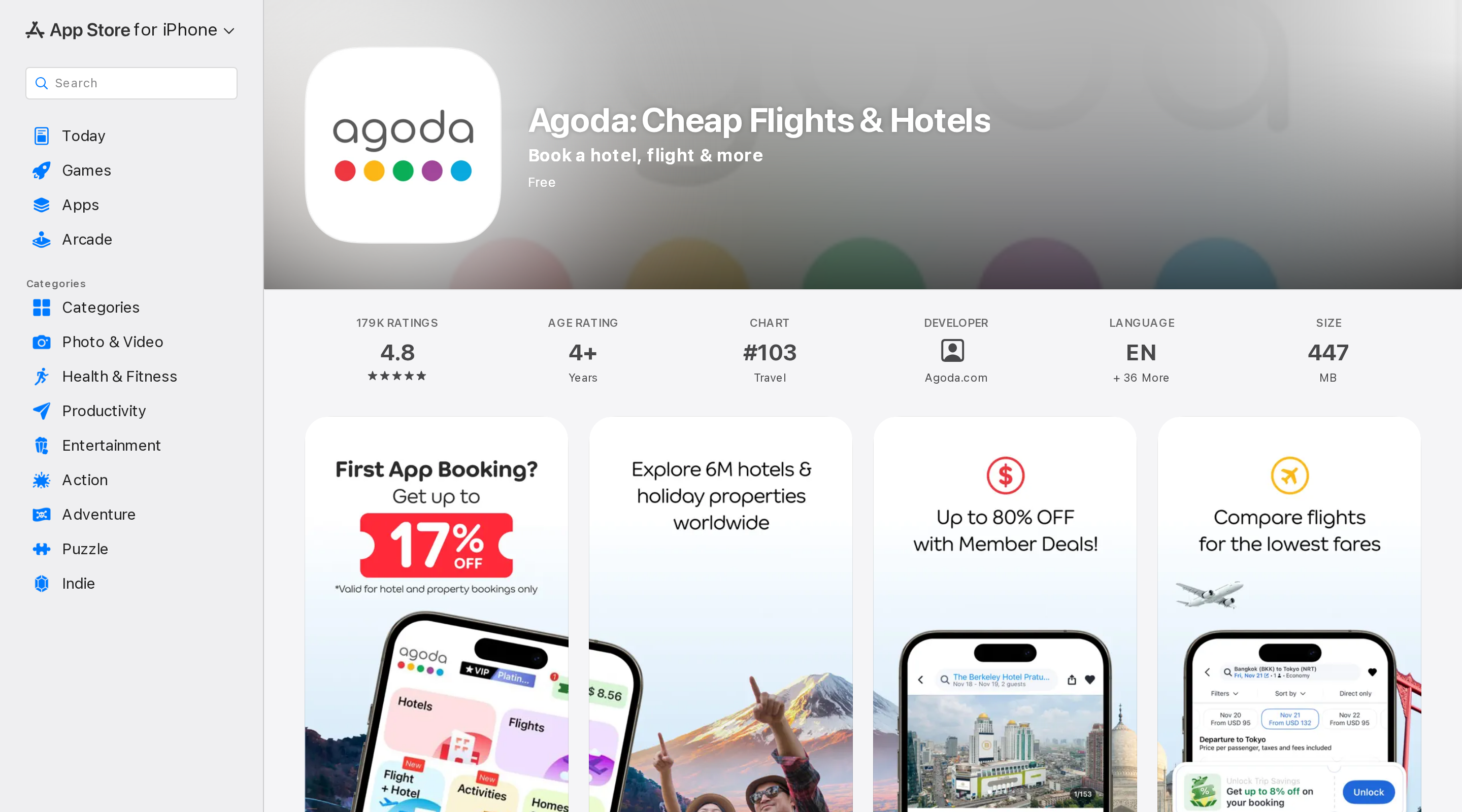 Agoda app store listing showing the mobile app for flights and hotels