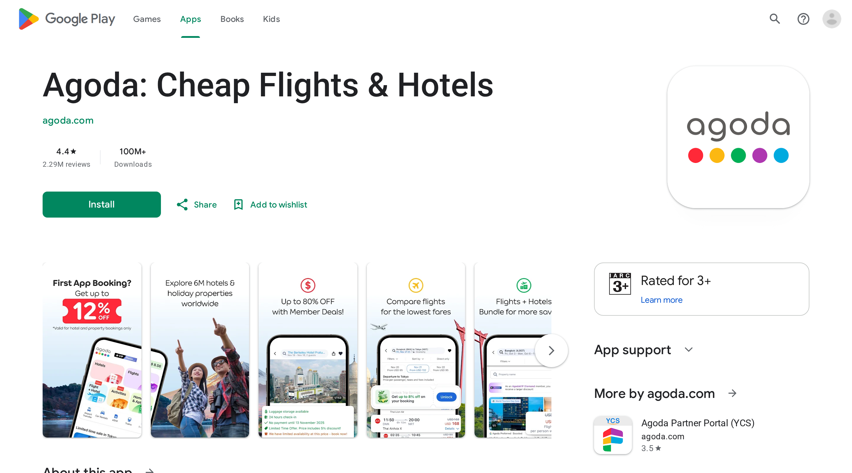 Agoda listing on the Google Play store showing app screenshots