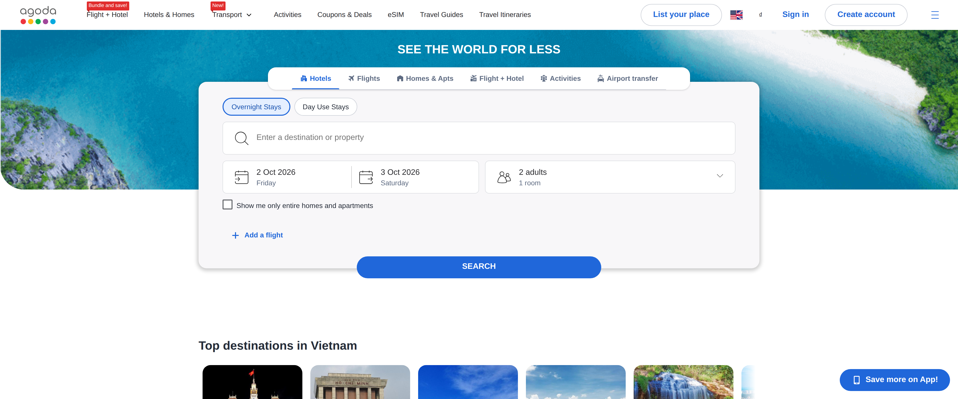 Agoda homepage with the headline See the World for Less