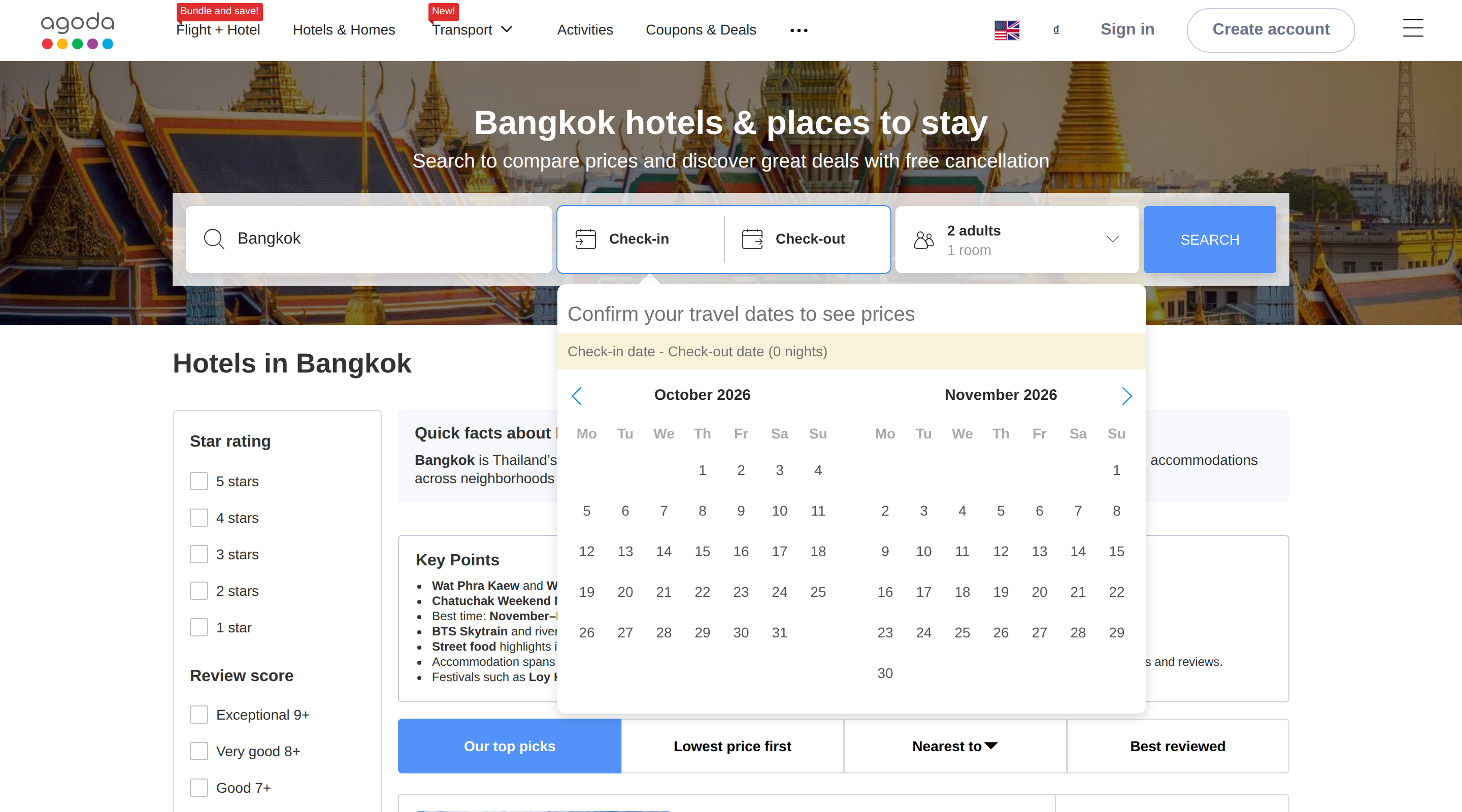 Agoda's Bangkok hotels page with the date picker open over the star rating and review score filters