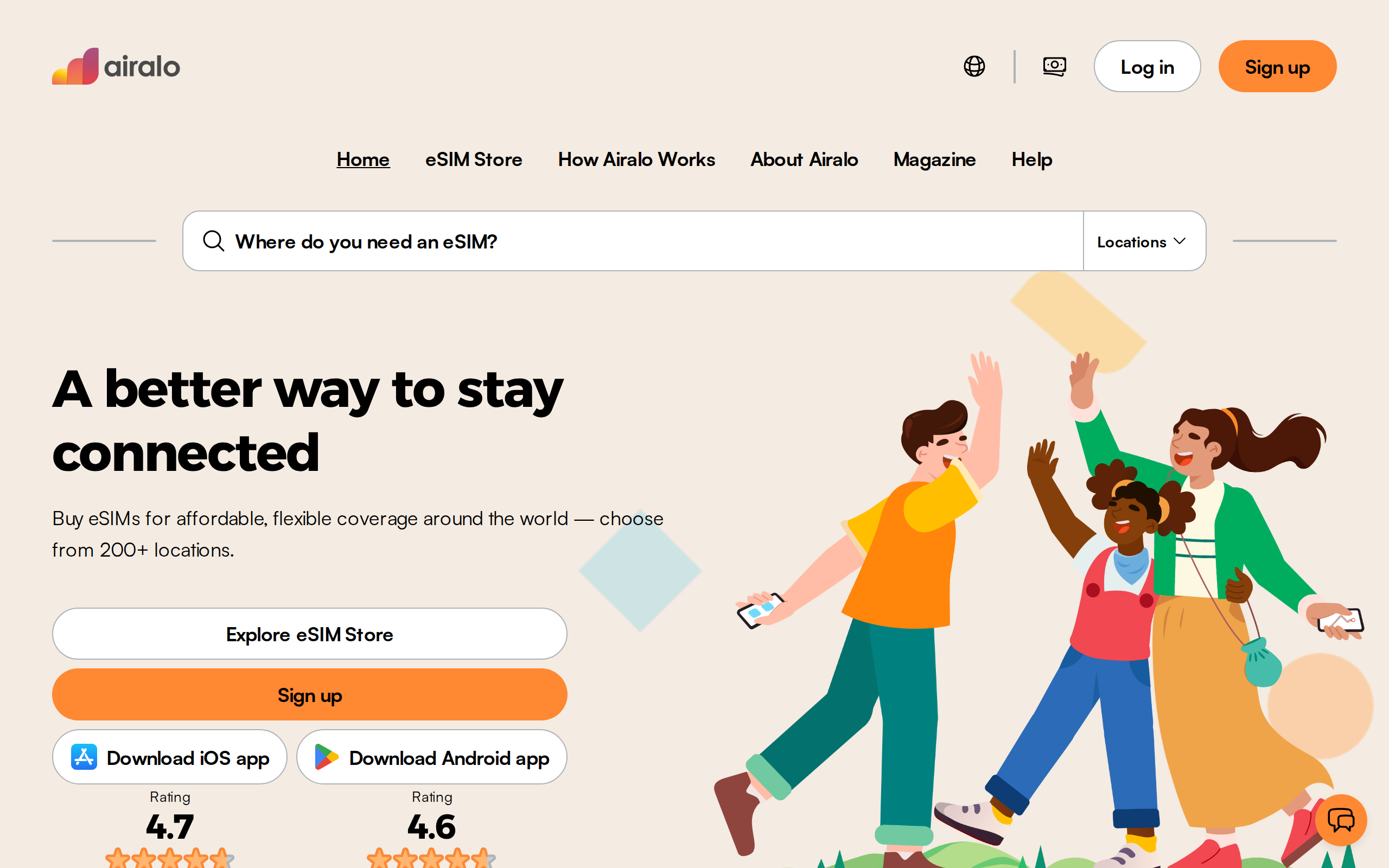 Airalo homepage with the headline A better way to stay connected and navigation for eSIM Store and How Airalo Works