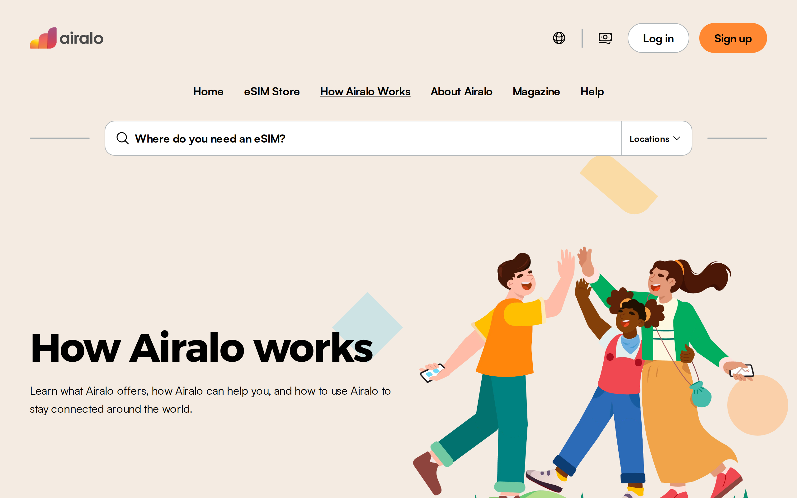 Airalo How Airalo Works page explaining the eSIM setup and activation steps