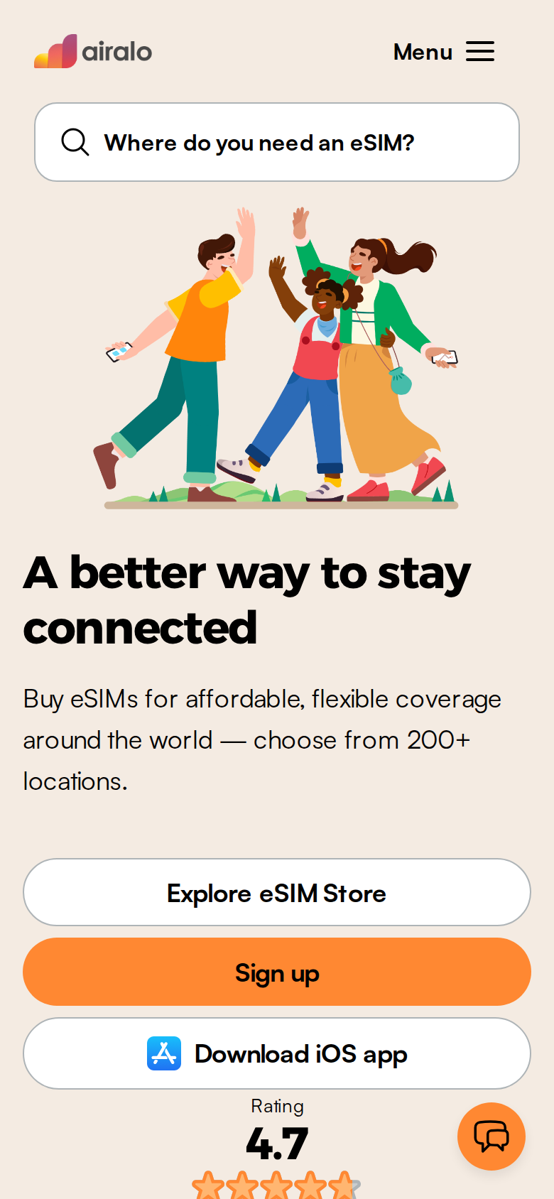 Airalo homepage on a phone screen with the headline A better way to stay connected and a summary of 200 plus locations