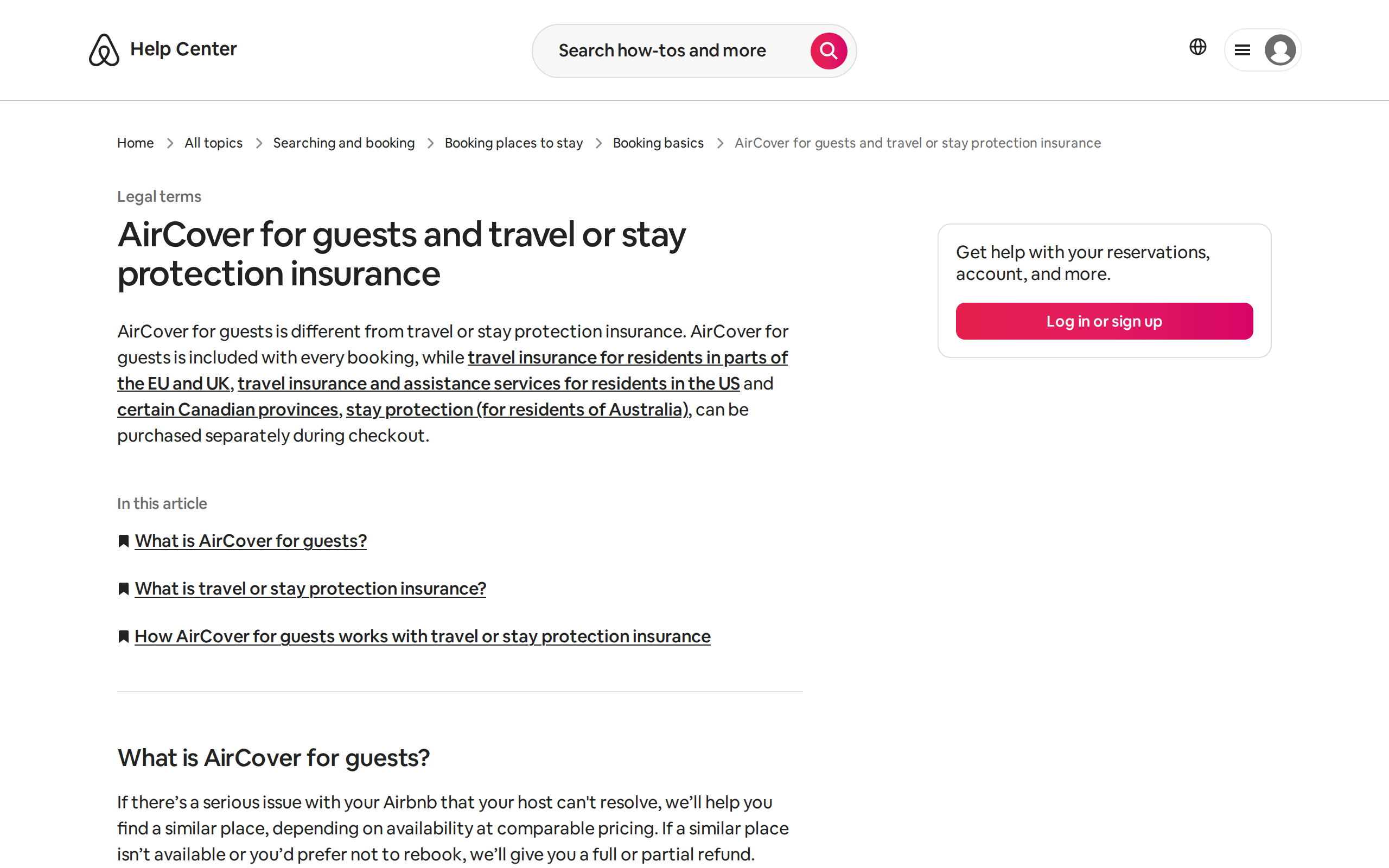 Airbnb Help Center article explaining AirCover for guests and how it differs from travel insurance
