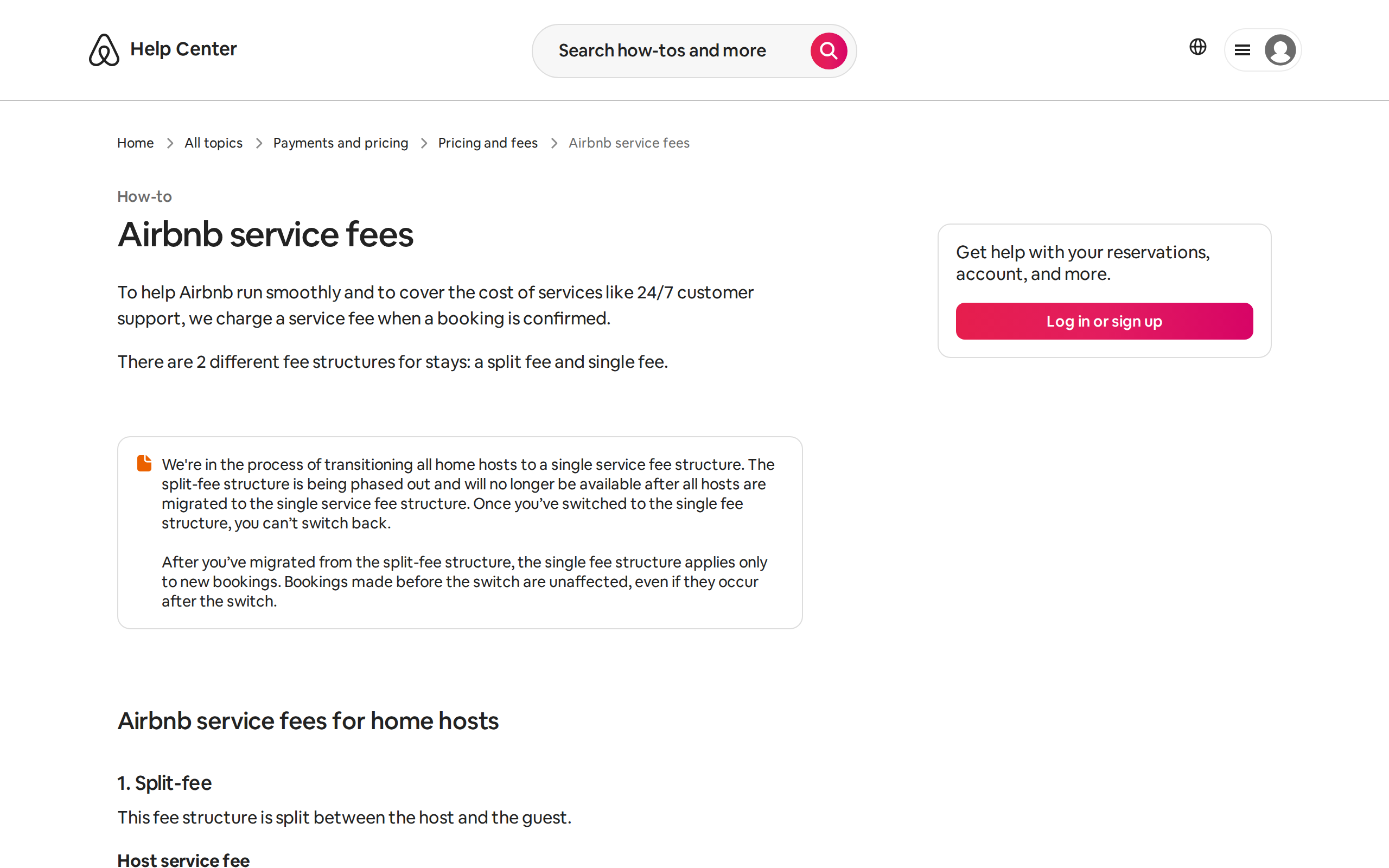 Airbnb Help Center page explaining service fees for home hosts under split fee and single fee structures
