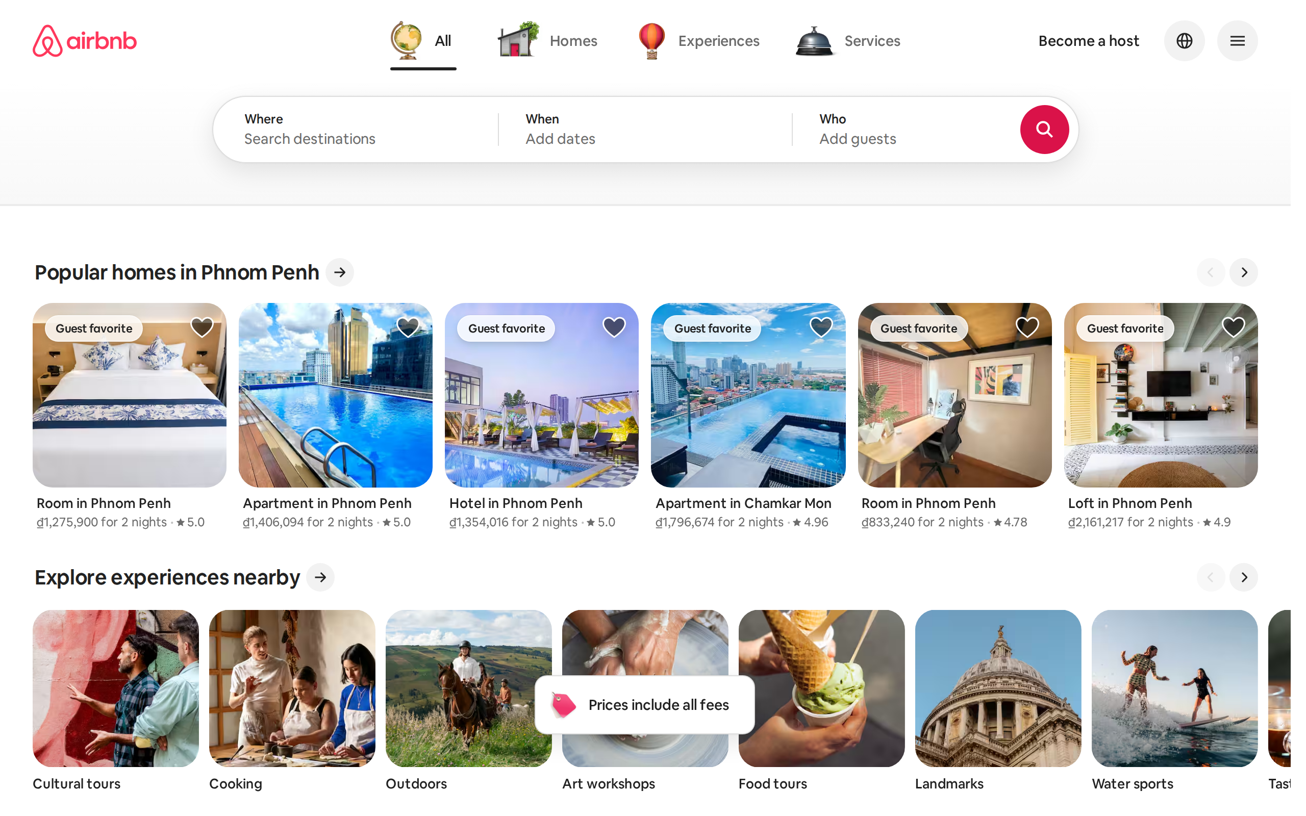 Airbnb homepage showing listing cards for popular homes and nearby experiences