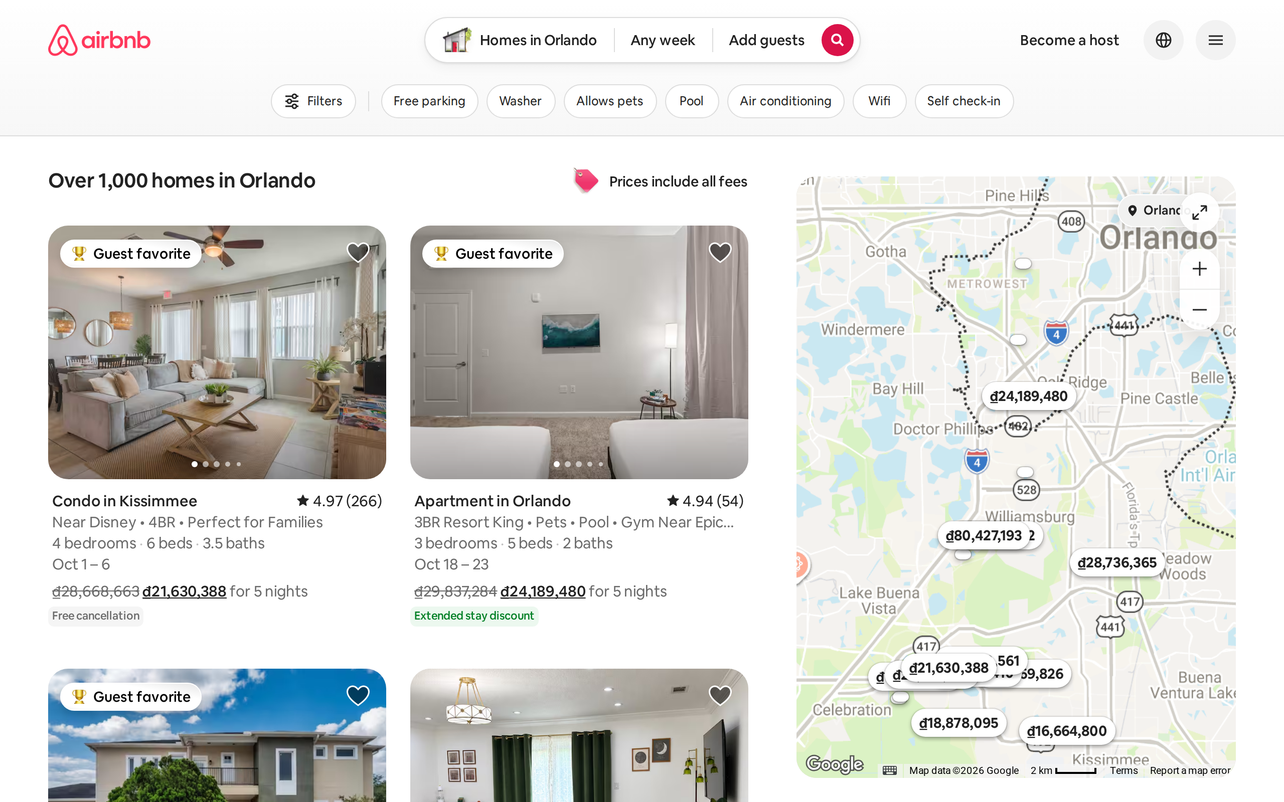 Airbnb search results for Orlando showing over 1,000 available homes with listing photos