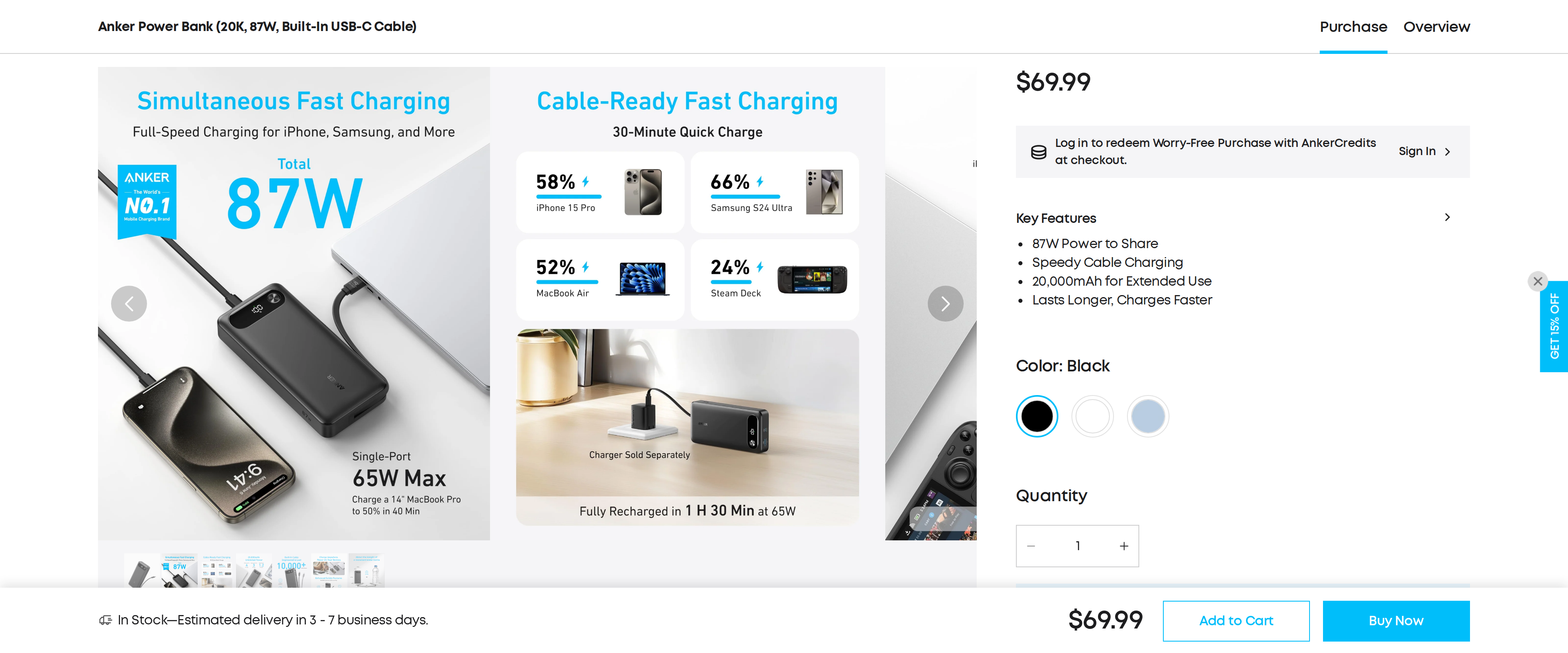 The Anker product page for the 20K 87W Power Bank showing the built-in cable and simultaneous laptop and phone charging