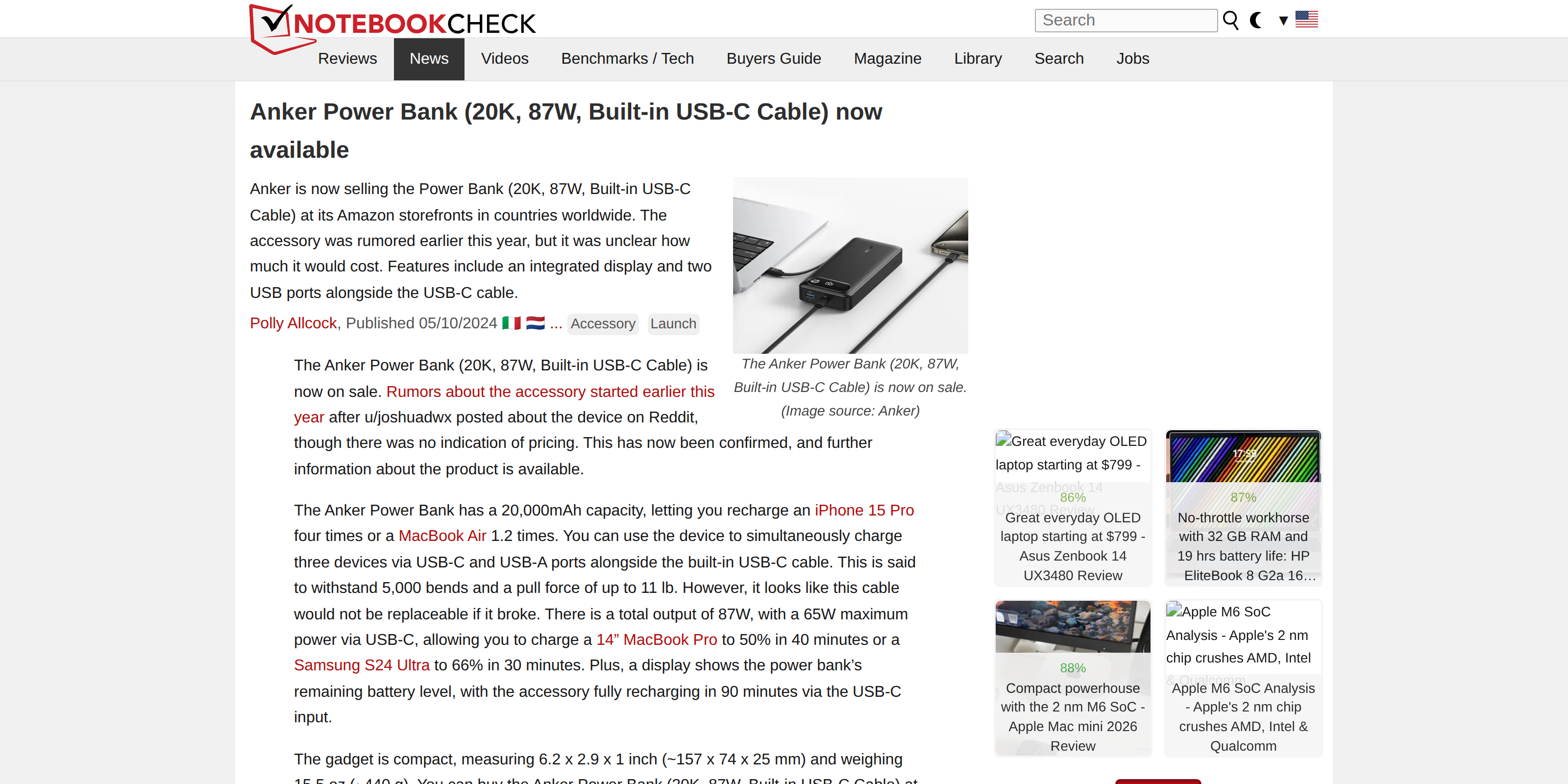 Notebookcheck's coverage noting the bank can recharge an iPhone 15 Pro about four times on one fill