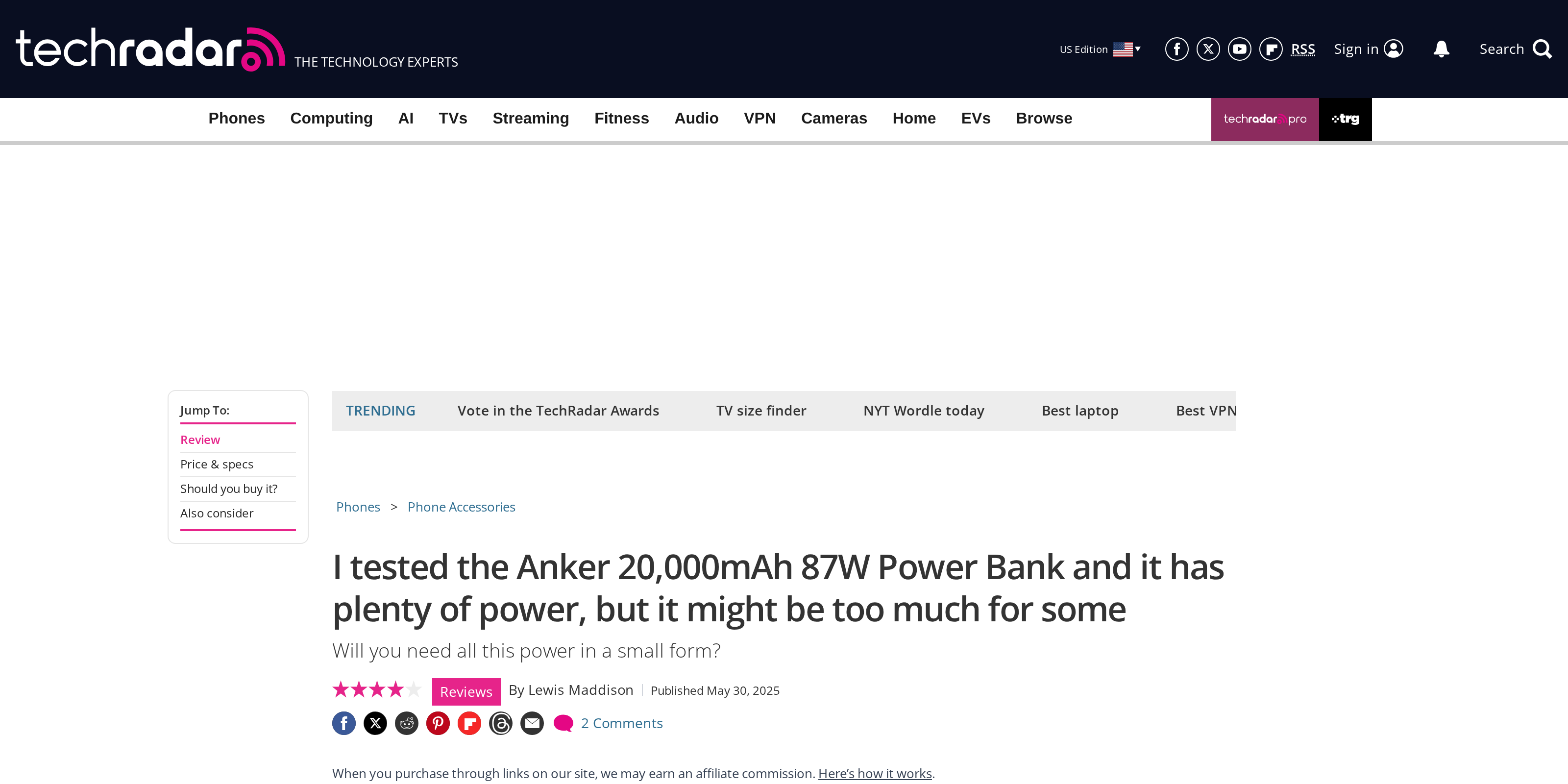 TechRadar's review headline calling the power bank "mighty and convenient" but possibly overkill for many buyers
